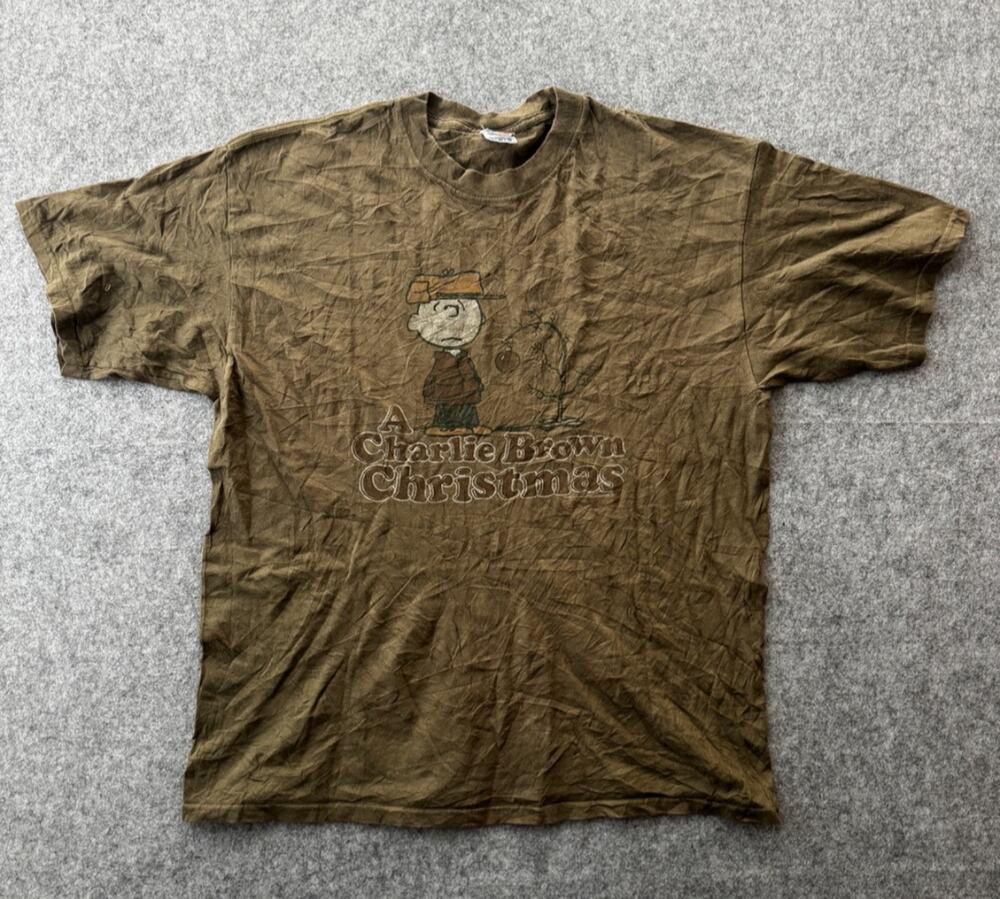 Vintage Peanuts Charlie Brown Christmas T-Shirt Brown Men’s Size XL Cotton (S02)